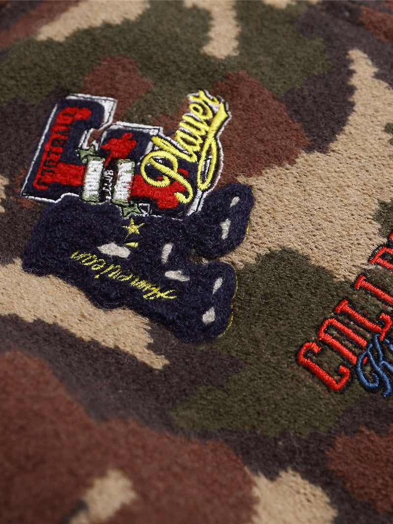 Retro Fur Collar Camouflage Letter Embroidery Hooded Knitwear