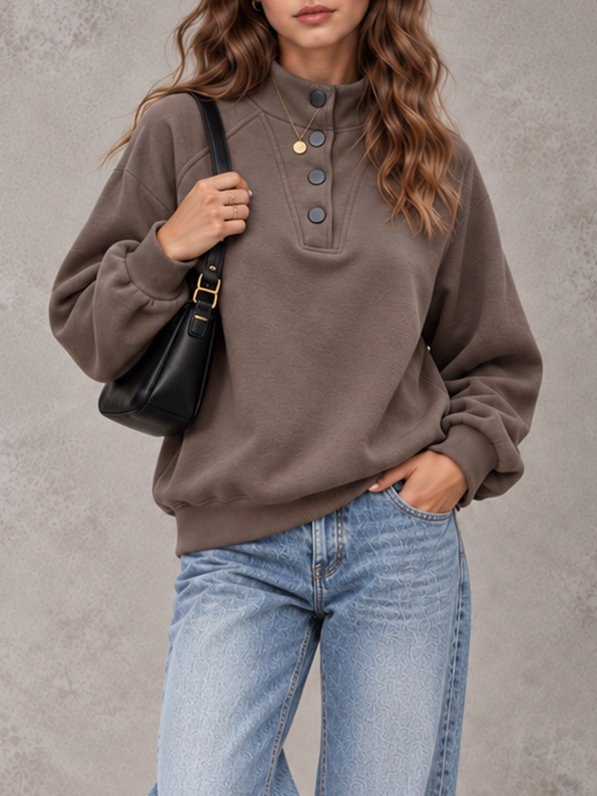 Women's Autumn/Winter Solid Color Stand Collar Button-Up Long Sleeve Sweatshirt