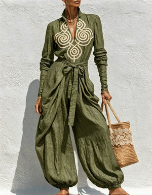 V-neck Tie-up Embroidered Loose-fitting Jumpsuit
