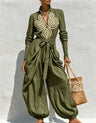 V-neck Tie-up Embroidered Loose-fitting Jumpsuit