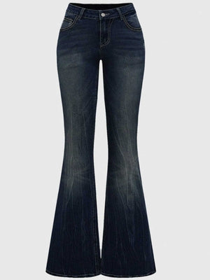 Women's Autumn/Winter Dark Washed Embroidered Rhinestone Flare Jeans