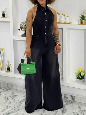 Collared Halter Neck Single-breasted Backless Denim Jumpsuit