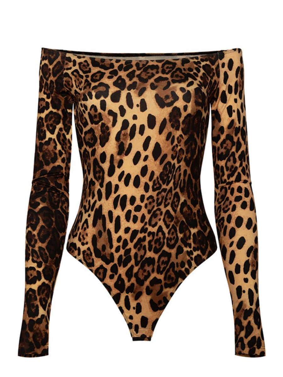 One-shoulder Collar Leopard Long Sleeve Slim Fit High Waist Bodysuits