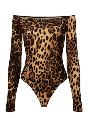 One-shoulder Collar Leopard Long Sleeve Slim Fit High Waist Bodysuits