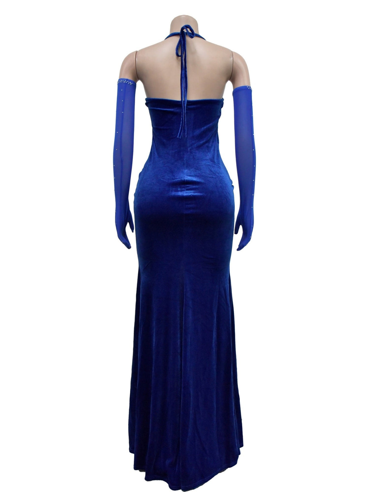 Abendkleid mit Strassbesatz, Patchwork aus Spitze und Samt, durchsichtigem Mesh, Neckholder und Schlitz