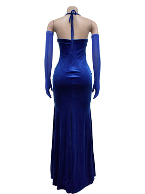 Abendkleid mit Strassbesatz, Patchwork aus Spitze und Samt, durchsichtigem Mesh, Neckholder und Schlitz