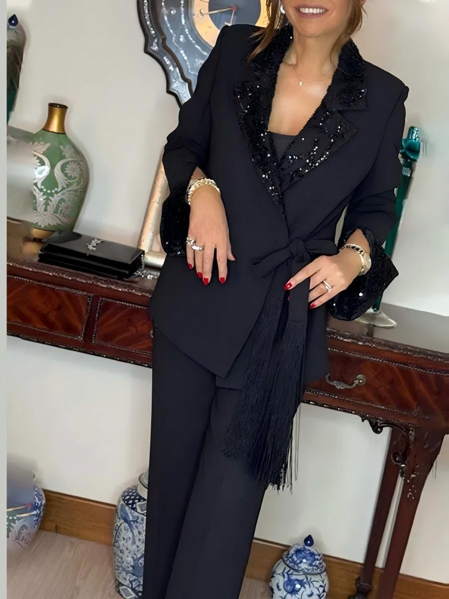 Ensemble deux pièces noir à col en V, sequins et lacets, couleur unie