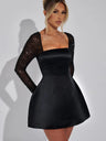 Square Neck Lace Low-cut Splicing A-pendulum Long Sleeve Bandage Short Dress For Cocktail Party