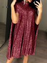Small Stand-up Collar Sequins Loose Mini&Short Dresses
