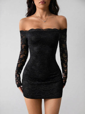 Bodycon Lace Off-shoulder Top Long Sleeve Slim Fit Sexy Short Dress For Cocktail Party