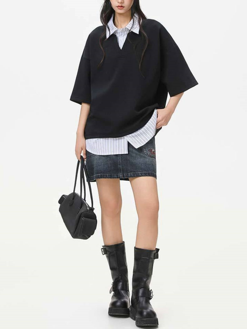 V-shaped Layered-look Patchwork Shirts