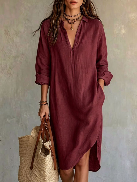 Loose-fitting Mid-length French Linen Shirt Dress With Slits