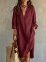 Loose-fitting Mid-length French Linen Shirt Dress With Slits