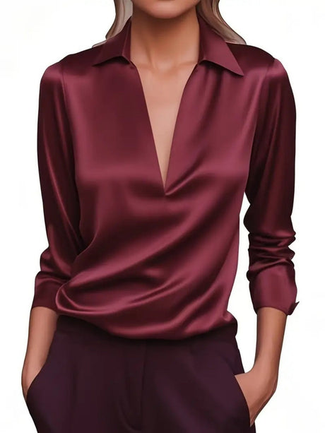 Satin Deep V-neck Long Sleeves Blouse