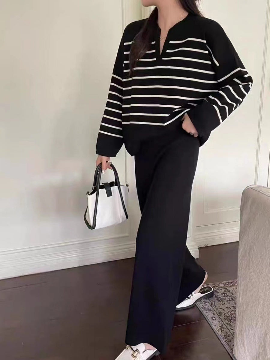Stylish Two-piece Set: Loose Striped Knit Top, Casual High-waisted Wide-leg Knit Pants