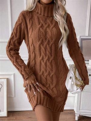 Twisted Thread Turtleneck Knitted Sweaters Midi Dresses