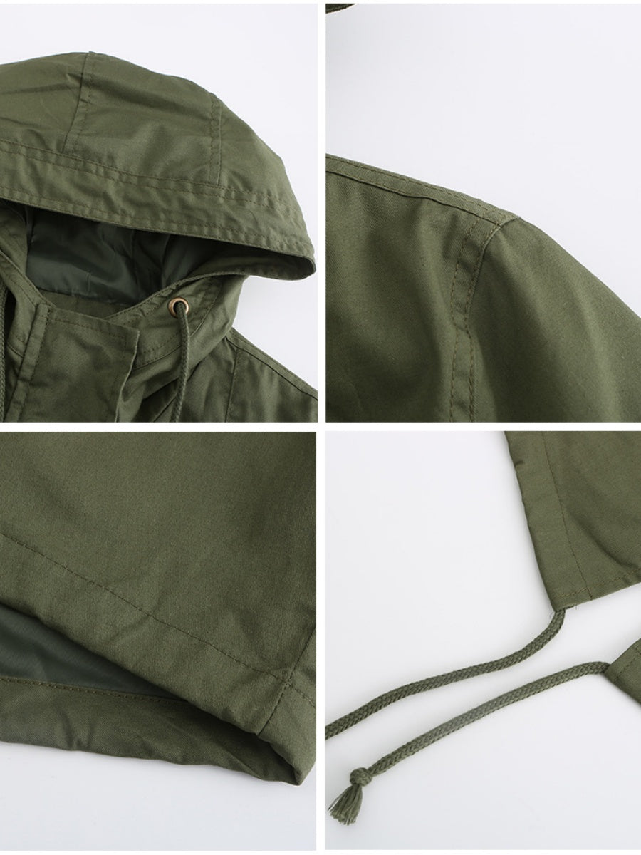 Cotton Loose Solid Color Pocket Hooded Jackets