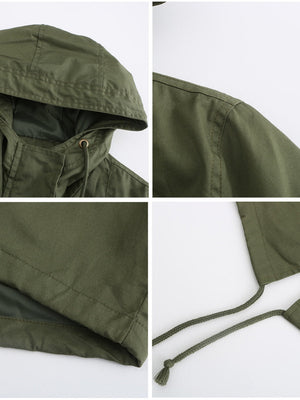 Cotton Loose Solid Color Pocket Hooded Jackets