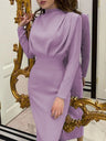 High Neck Style Gathering Long Sleeve Hip-hugging Dinner Cocktail Maxi Dress