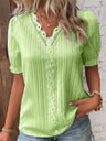 Openwork Lace Puff Sleeve V-neck Vertical Stripes T-shirts