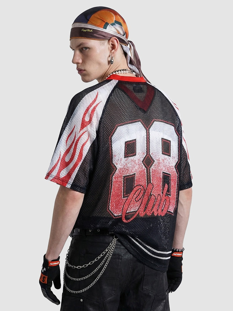 Flame Printed Net Hole Jersey Loose-fit Breathable T-shirts