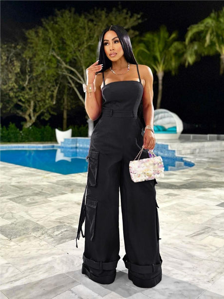 Tube Top Multiple Pockets Work Clothes Wide Leg Jumpsuits
