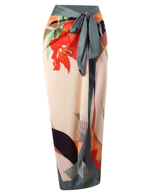 One-piece Swimsuit With Cross-over Print, Revealing Backpack And Hip-revealing Long Skirt (two-piece Set)