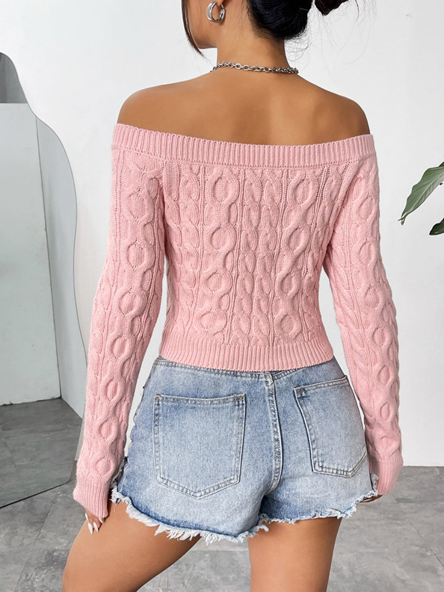 Liber Women's tops sweater round neck navel-baring one-shoulder short cable knit spring pullover