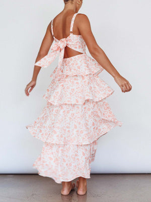 Floral Print Pleats On Suspenders Maxi Dresses