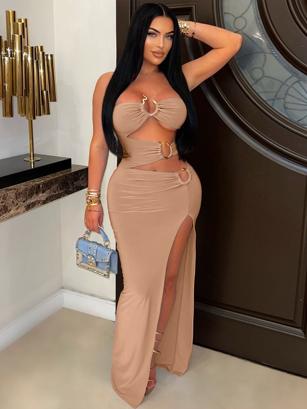 Hollow Out Metal Ring Splicing High Fork Hip Wrap Pleated Maxi Dresses