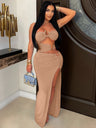 Hollow Out Metal Ring Splicing High Fork Hip Wrap Pleated Maxi Dresses