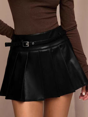 PU High-waisted Belt Decoration Pleated Skirt
