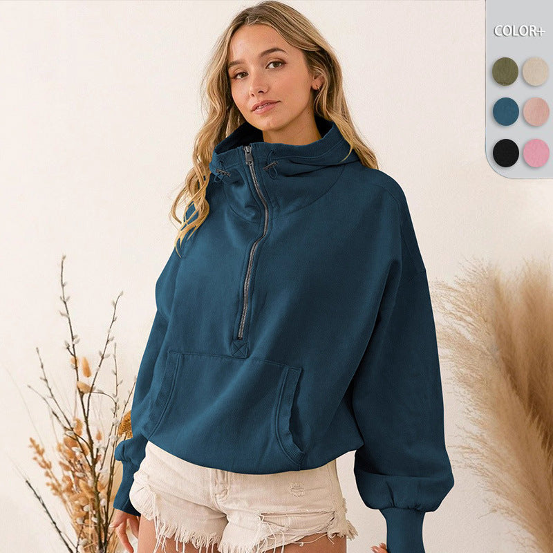 Women's Autumn/Winter Solid Color Half-Zip Long-Sleeve Kangaroo Pocket Hooded Sweatshirt