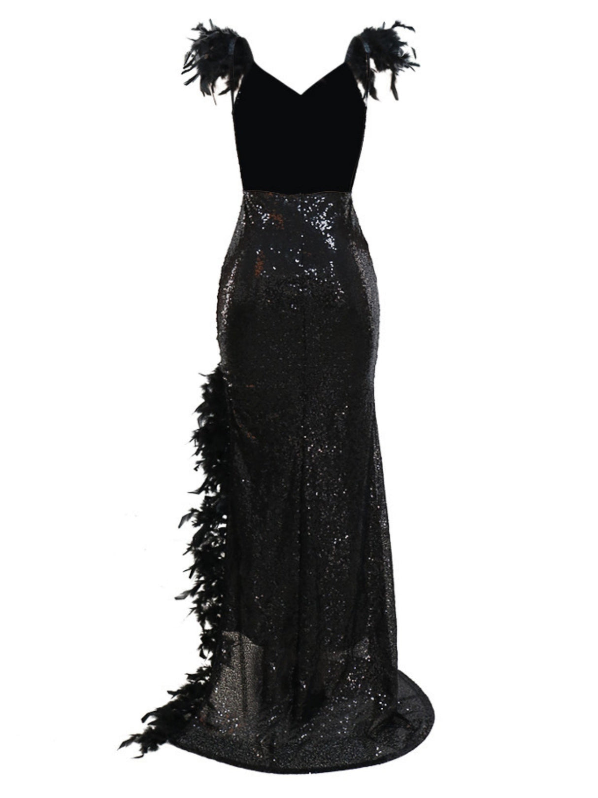 Feather Splicing Sequined V-neck Backless Evening Gown High-slit Suspenders Maxi Dresses