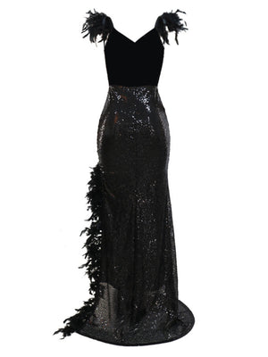 Feather Splicing Sequined V-neck Backless Evening Gown High-slit Suspenders Maxi Dresses