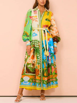 Fashion Printed Lantern Sleeves Belt Waist Maxi Dresses