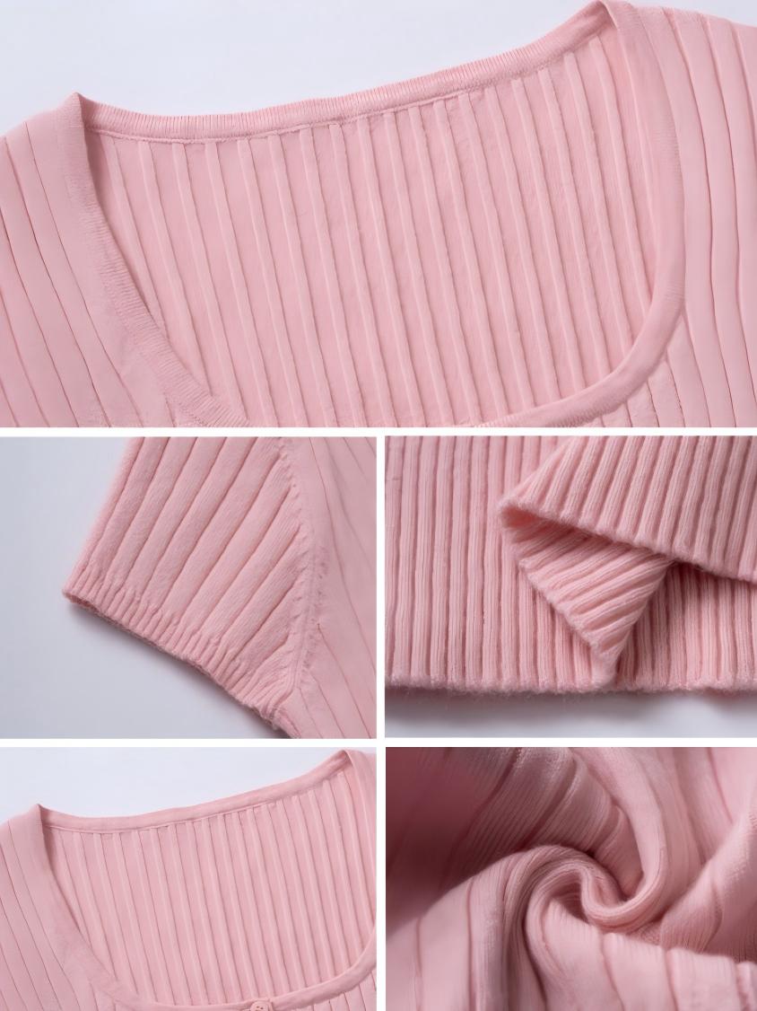 Ribbed U-button Short-sleeved T-shirt