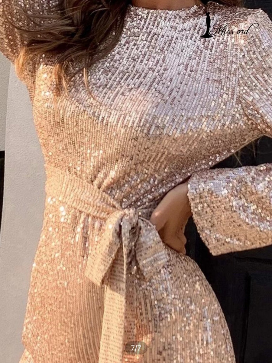 Tie-on Sequins Slim Fit Backless Long Sleeve Dinner Party Short Dress