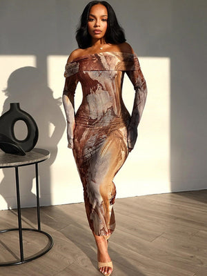 Milk Silk Tie-dye Printed Off Shoulder Slim Fit Hip Maxi Dresses