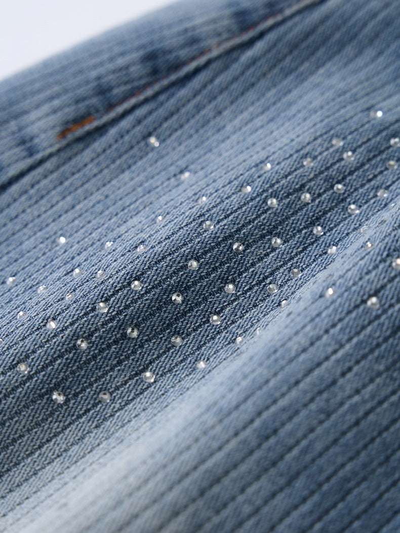 Light Blue Scattered Diamonds Washed Distressed Denim 7 Points Shorts