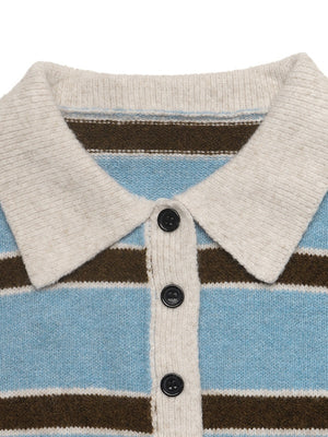 Retro Preppy Style Striped Polo Collar Half-open Knit Sweater