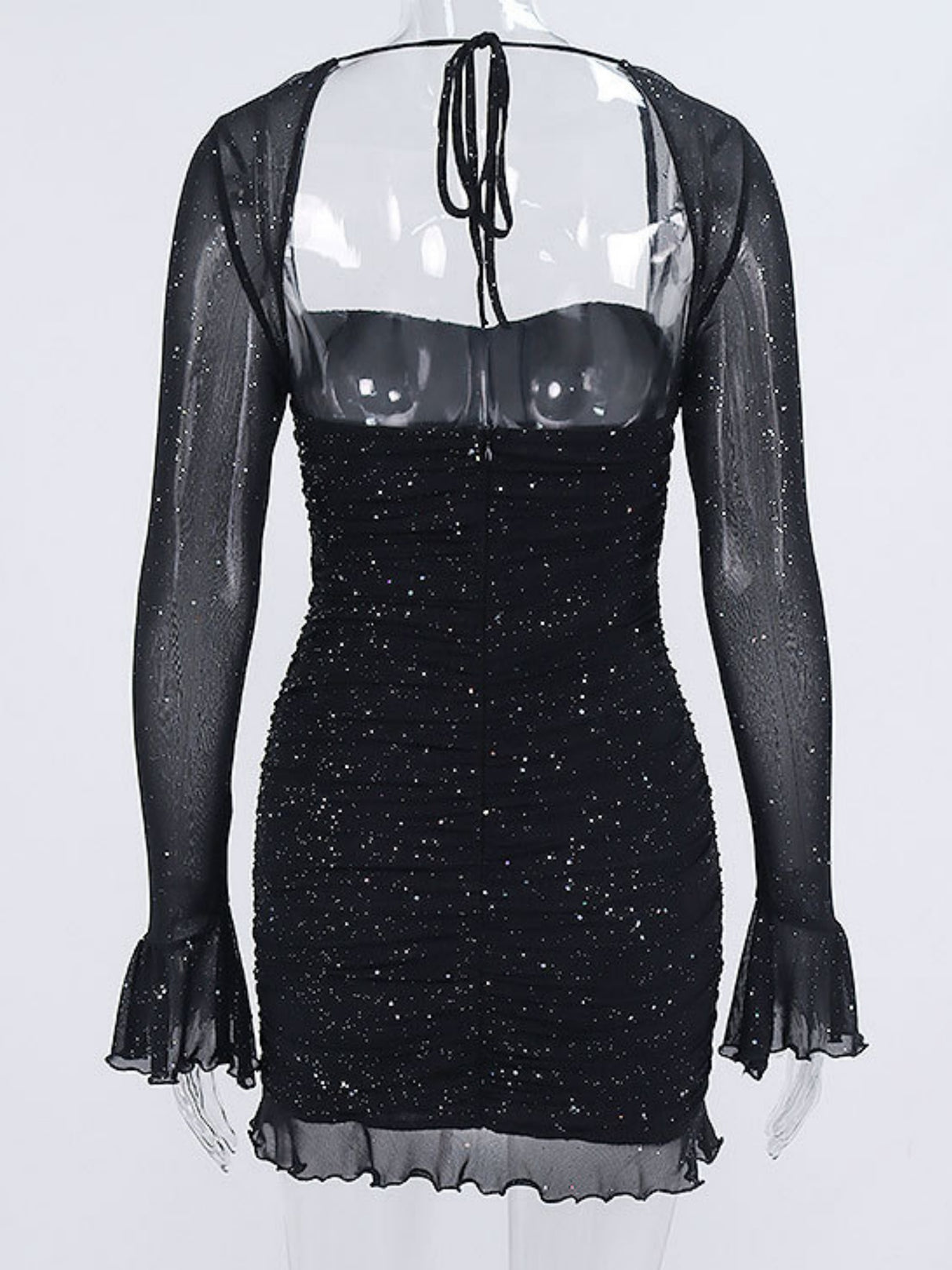 Sequins Mesh See-through Square Neckline And Open Back Steel Ring Mini&Short Dresses