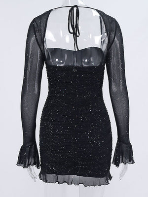 Sequins Mesh See-through Square Neckline And Open Back Steel Ring Mini&Short Dresses