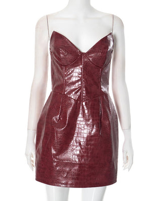 Soutien-gorge sans bretelles en cuir PU à motif crocodile, robes courtes et mini