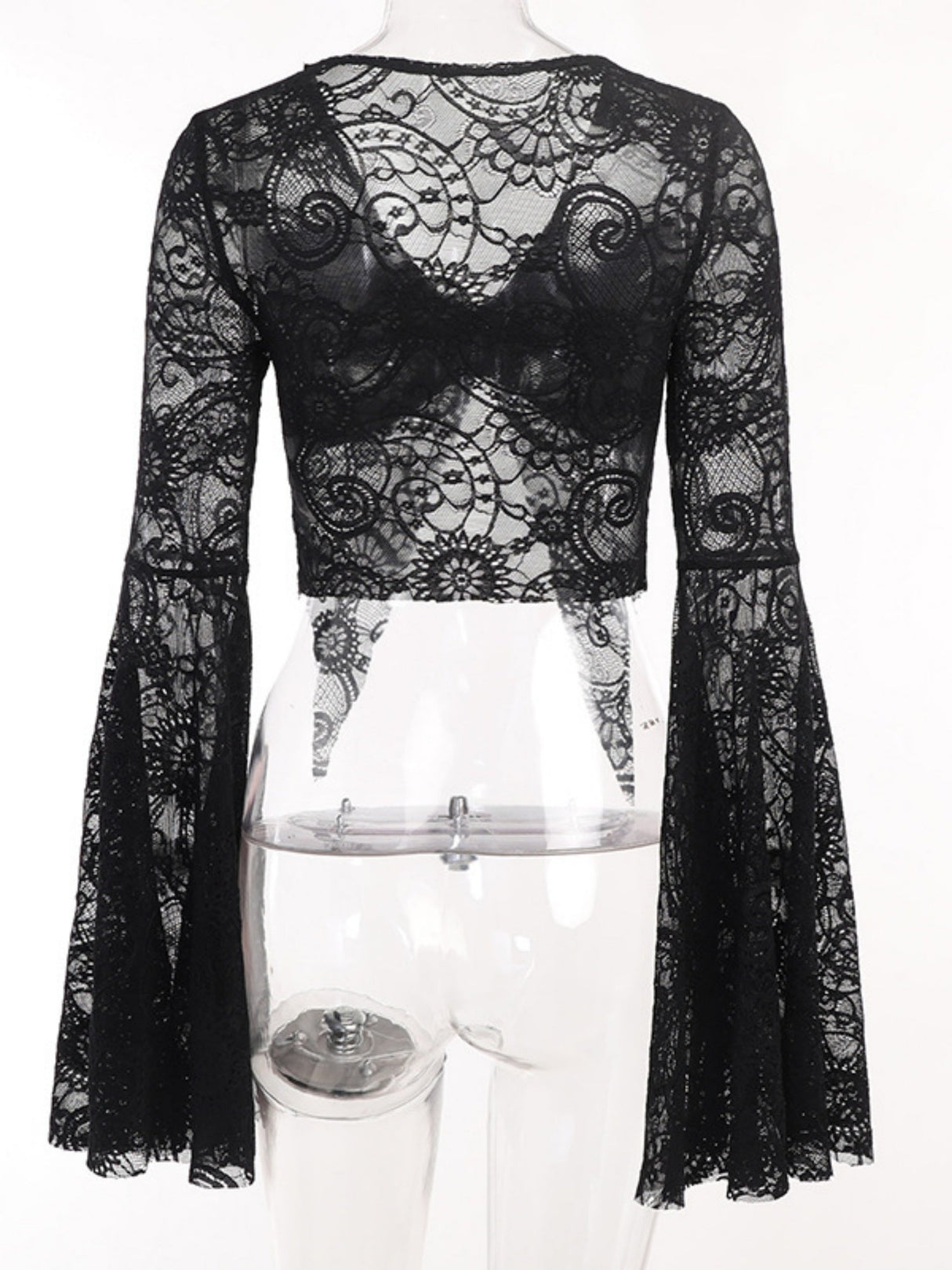Y2K Lace  Flare Sleeve Slit And Exposed Navel Long-sleeved T-shirt