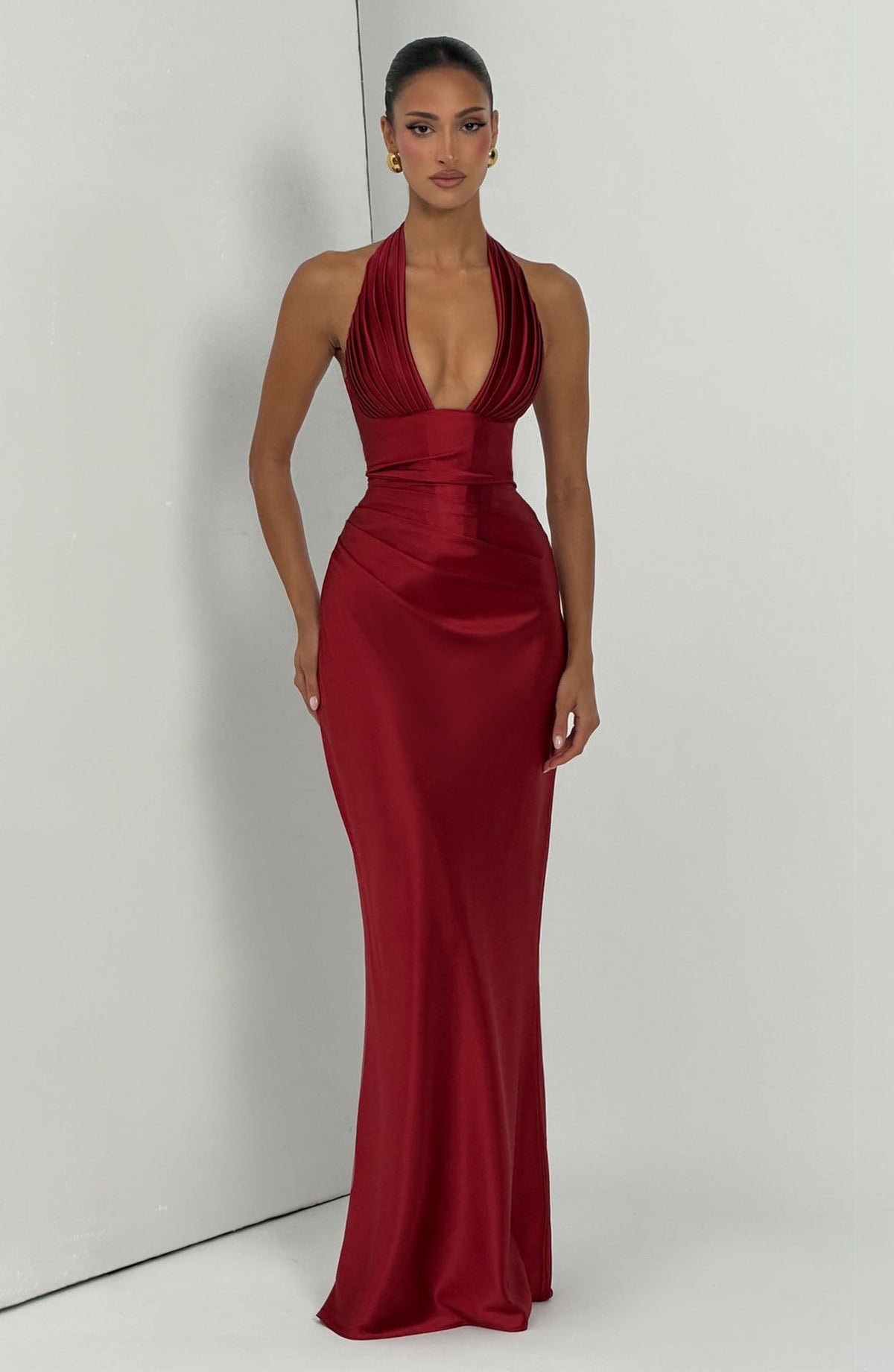 Halter Neck Deep V Long Dress With Pleats And Laces, Sexy Off-shoulder Design Maxi Dresses
