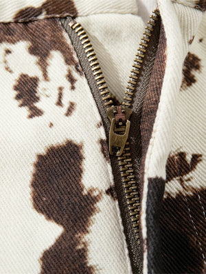 Color-blocked Cow Print Tie-dye Camouflage Denim 7 Points Shorts