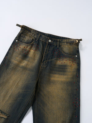 Retro Dirty Hole Red Diamond Distressed Jeans