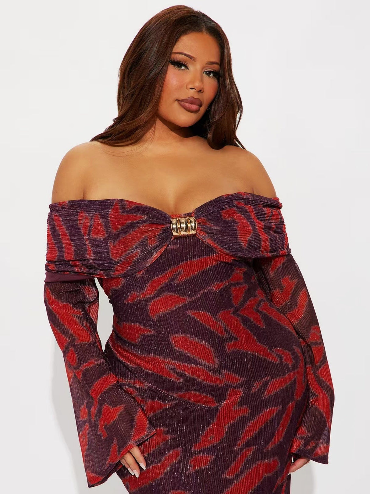 Off-the-shoulder Neckline Printed Jacquard Self-cultivation Maxi Dresses