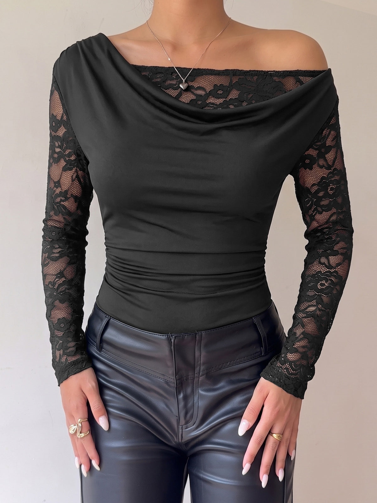 Lace-trimmed Off-shoulder Slim-fit See-through Bodysuit